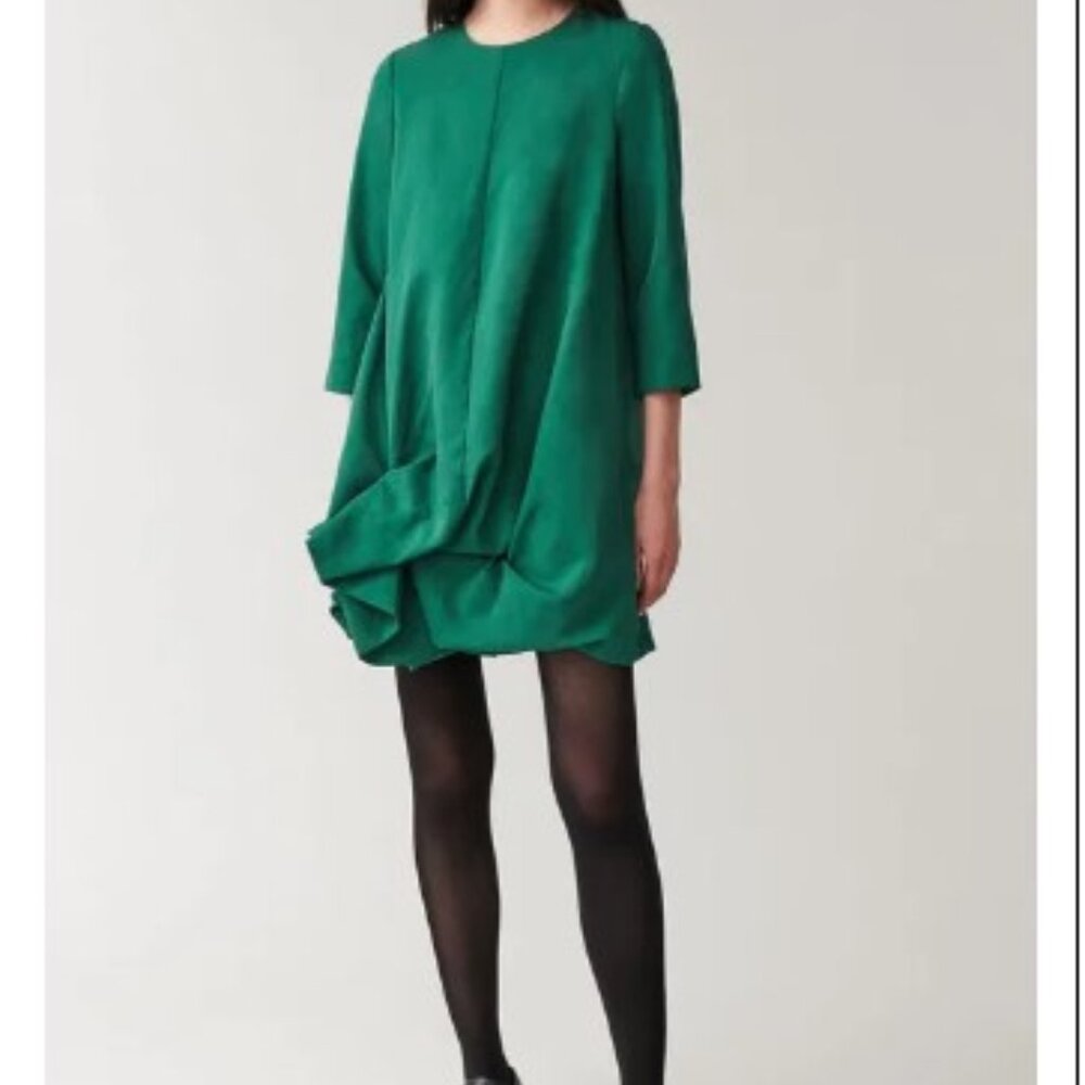 COS Long-Sleeved Gathered-Hem Dress - Emerald Green - Size 12